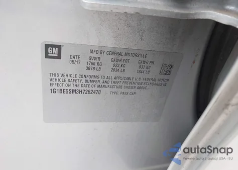 2017 Chevrolet Cruze Lt Auto z USA, uszkodzony, nr VIN 1G1BE5SM3H7262470